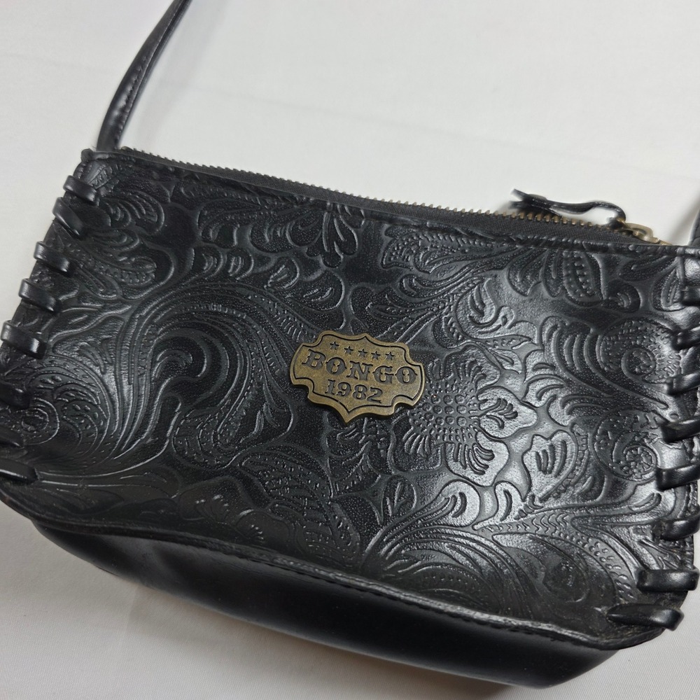 Bongo 1982 Black Embossed Floral Crossbody Bag Whipstitch Detail Small Zipper